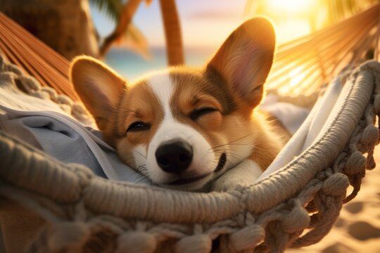 A Welsh corgi dog sleeps in a hammock on a sandy beach. A tropical resort. 