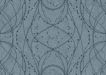 Hand-drawn unique abstract symmetrical seamless ornament. Dark blue on a light blue background. Paper texture. Digital artwork, A4. (pattern: p10-2a)
