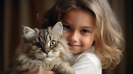 Portrait of young boy holding cute siberian cat with green eyes. male hugging her cute long hair kitty. Background, copy space, close up. Adorable domestic pet concept , Generative AI
