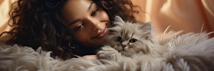 Portrait of young boy holding cute siberian cat with green eyes. male hugging her cute long hair kitty. Background, copy space, close up. Adorable domestic pet concept , Generative AI - Powered by Adobe