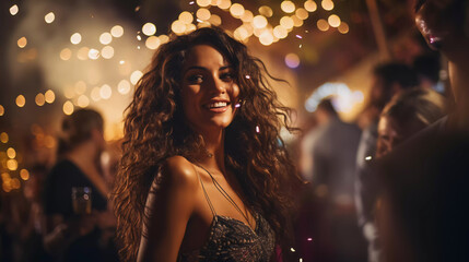 chica latina joven celebrando las fiestas de fin de año en una calle llena de luces con decoraciones brillantes y muy feliz  - obrazy, fototapety, plakaty