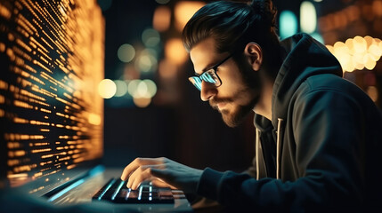 IT Engineer man working on laptop in server room or data center,