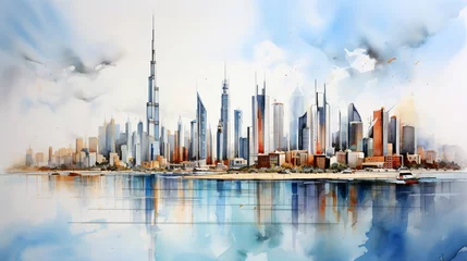 Fotobehang Aquarelschilderij wolkenkrabber watercolor cityscape Dubai