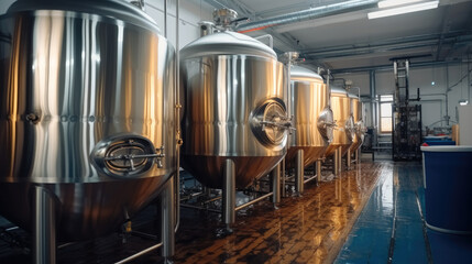Large fermenting tank and tanks for the storage in brewery.