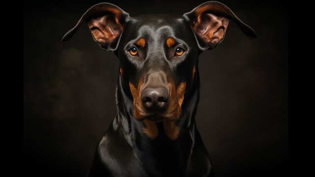 Realistic portrait of Doberman dog. AI generated