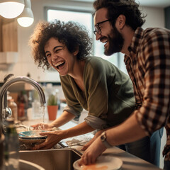 couple having wonderful time while washing dishes together. Kitchen, housework, home, relationship - obrazy, fototapety, plakaty
