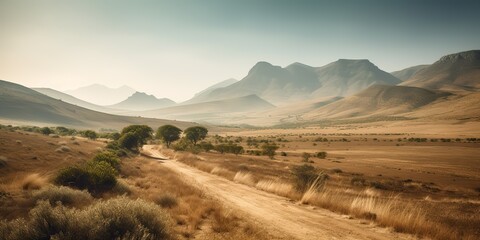 Obraz premium AI Generated. AI Generative. Wild outdoor nature South Africa landscape background with mountains and field. Graphic Art