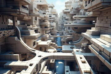 Fototapeta premium City as maze with streets and bridges. Futuristic architecture