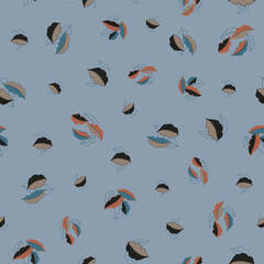 Ditsy Autumn Leaves of Brown, Black, Rust, Blue and Line Art Falling Scattered on a Dusty Blue Background Creating a Vector Repeat Seamless Pattern Design.