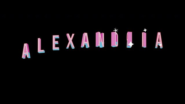 Bright letters jump merrily in the inscription ALEXANDRIA city. Retro. Alpha channel black. Looped from frame 120 to 240, Alpha BW at the end