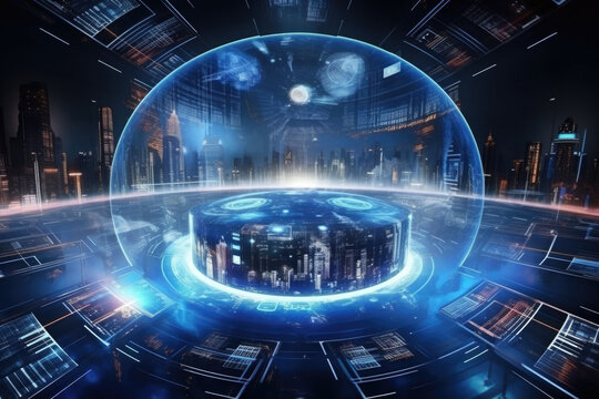 Futuristic background with city hologram. Metaverse and digital world simulation concept