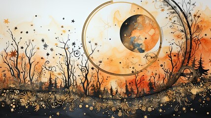AI-generated illustration of a full-moon night in an orange and black winter landscape. MidJourney. 