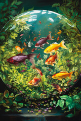 Ilustración de pecera con peces exóticos tropicales.