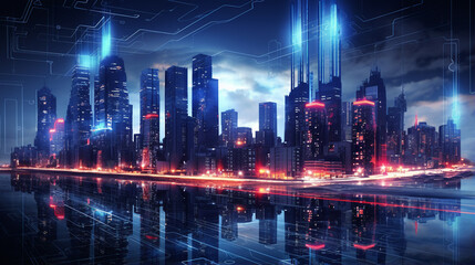 Futuristic cityscape, digital, cyberpunk aesthetic, rain and reflections. ai generative