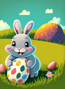 Cute Easter bunny on a meadow surrounded by Easter eggs