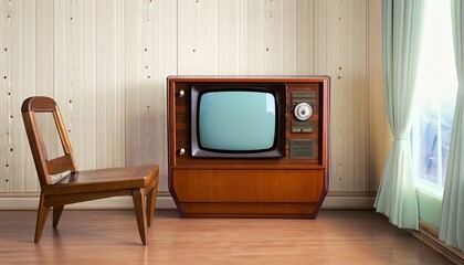 old tv in the room, wooden television and retro interior with a  wooden old chair
