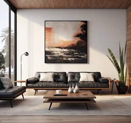 modern living room with black couch and coffee tables