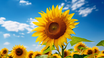 Sunflower field with blue sky in the background, close-up on a beautiful brightly colored sunflower