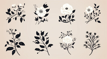 Monochrome Botanical Illustrations, set of elegant botanical illustrations in monochrome, featuring various flowers and leaves with a vintage aesthetic on a neutral background