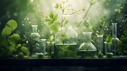  Drug research, extraction in glassware, green herb, beauty, Laboratory and development concept. Generative Ai