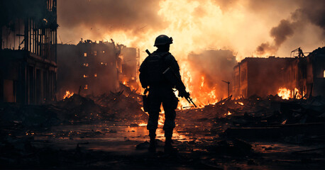 Silhouette of a soldier with a gun in a desolated city on fire after war. - obrazy, fototapety, plakaty