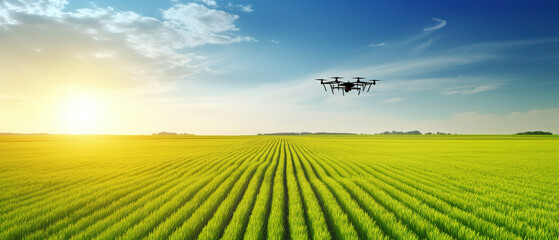 drone spraying pesticides fertilizer on soybean crops farm field - obrazy, fototapety, plakaty