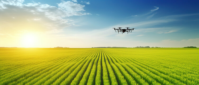 drone spraying pesticides fertilizer on soybean crops farm field