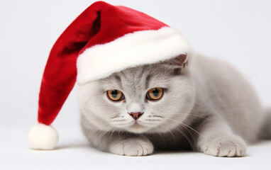 shorthair cat in santa hat sneaky expression white back, generative ai