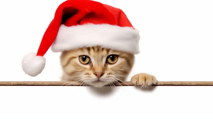 Funny cat in Santa hat peeking out of a blank sign isol, generative ai