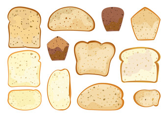 Various types of homemade bread cut into pieces Top view of baked, bakery, healthy food. breakfast products white background vector illustration. - obrazy, fototapety, plakaty