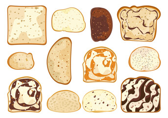 Various types of homemade bread cut into pieces Top view of baked, bakery, healthy food. breakfast products white background vector illustration.