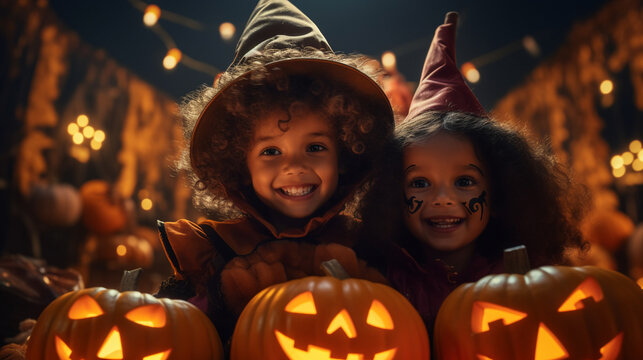 Three mixed race little children in Halloween costumes