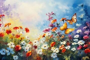 Fototapeta na wymiar Blooming flowers and butterflies in the summer garden