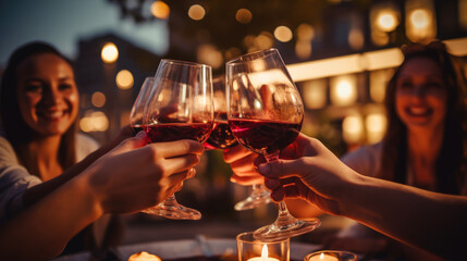 Friends toasting red wine glass and having fun cheering at winetasting experience. Young people enjoying harvest time together outside at farm house vineyard countryside