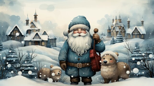 Santa Claus in a snowy landscape with a Christmas theme