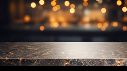 Empty marble table and Coffee shop blur background with bokeh image.