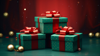 christmas present, christmas gift, red green and gold gift wraps for christmas, winter holidays, several gift on a red background - Powered by Adobe