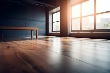Obraz premium Empty room with unfocused table, window lights, space for text