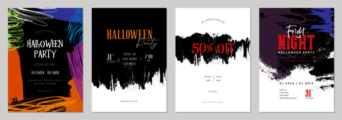 Universal Halloween art templates with grunge abstract elements. For invitation, poster, greeting and business card, banner, brochure, email header, post in social networks, events and page cover.