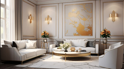 Traditional interior design for a modern living room featuring an elegant sofa, artwork, table, and stylish decor