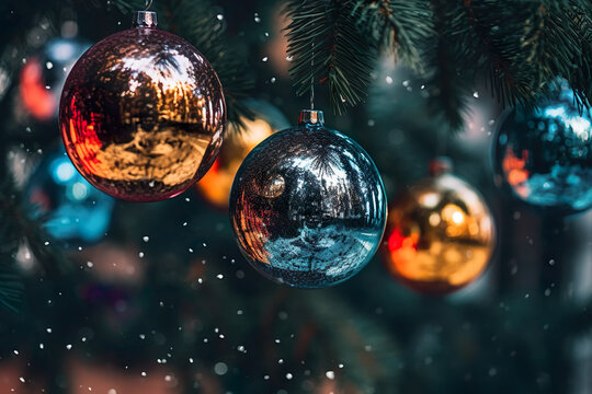 Christmas spheres hanging on tree, festive atmosphere