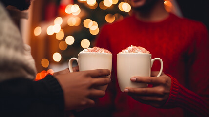 Portrait of a couple holding hot beverage during christmas, coffee cup, cocoa, hot chocolate, Christmas lights and xmas tree in the background,  knitted red sweater