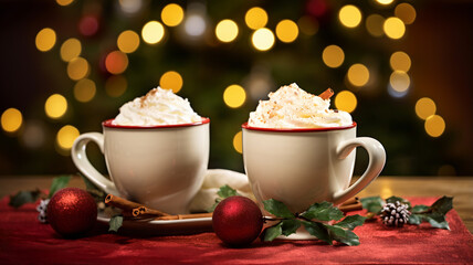 Fototapeta na wymiar Christmas hot beverage with whipped cream on top, ornament and mistletoe, christmas tree in the back, two porcelain cup, cocoa, coffee, chocolate