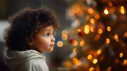 Portrait of a little boy during christmas, looking at christmas tree and ornament, xmas, happy child during winter holidays, family moment, santa, magic, childhood, decoration and ornament