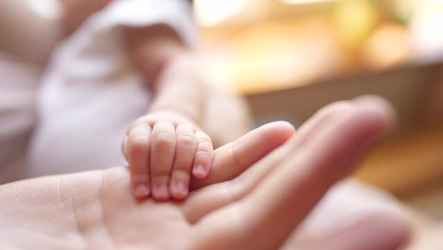 mother holding baby newborn hand. friendly family kid dream concept. mothers day concept. baby newborn in mother arms close-up lifestyle of hand