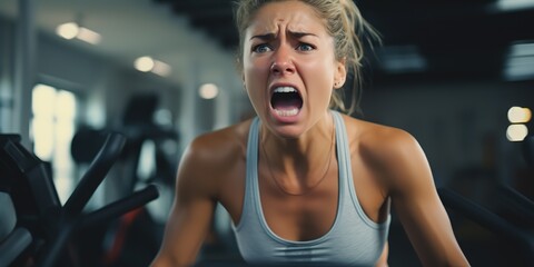 Fototapeta premium AI Generated. AI Generative. Female young girl woman face portrait at gym fitness sport running expresion background. Sport motivation photo illustration. Graphic Art