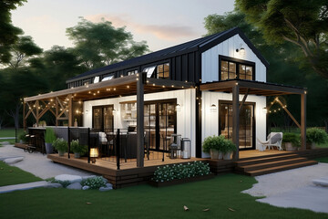 Contemporary Black and White Barndominium with Outdoor Entertainment Space
