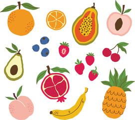 A set of juicy fruits and berries in a modern style. Template for stickers