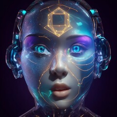 ultra realistic, beautiful female cyborg, divine beauty, sci-fi, neon glass lights, hologram, intricate details,highly detailed, octane render, and alphonse mucha and moebius, AI GENERATIVE 