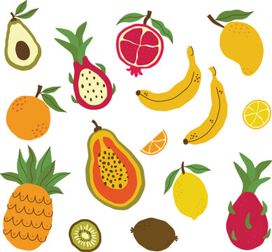 Collection of tropical fruits in a flat style. Isolated vector elements for poster, apparel and stationery design